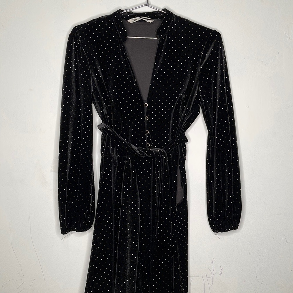 Zara Black Gold Dress with Tie Waist Button Details